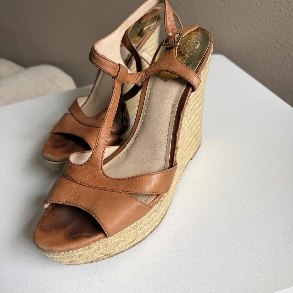 Vince Camuto Wedge Sandals Womens Size 11 Brown Leather Espadrille VC-INSLO2